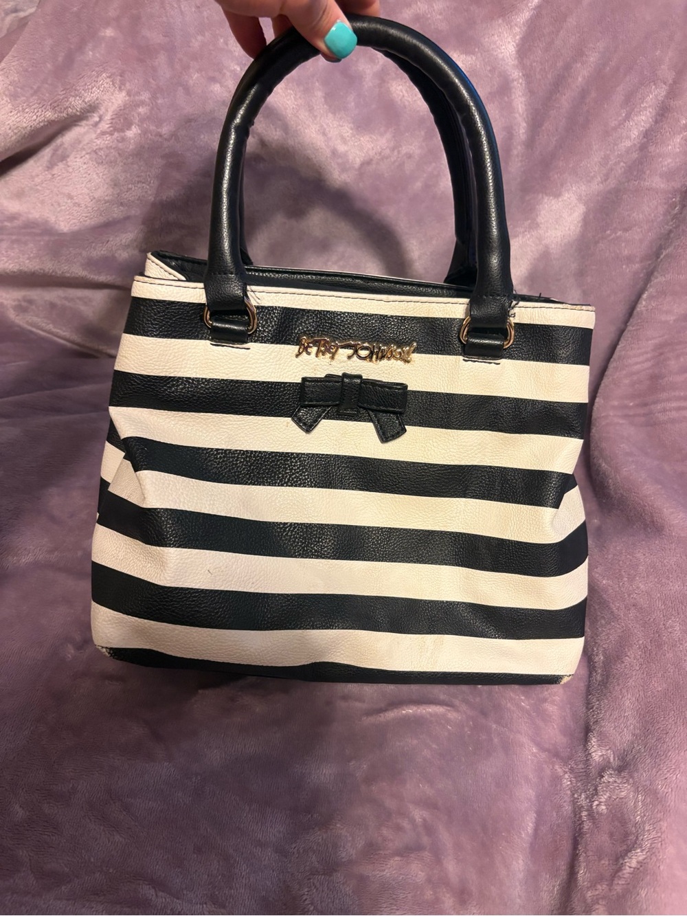 Betsey Johnson Black & White Striped Top-Handle Satchel with Bow